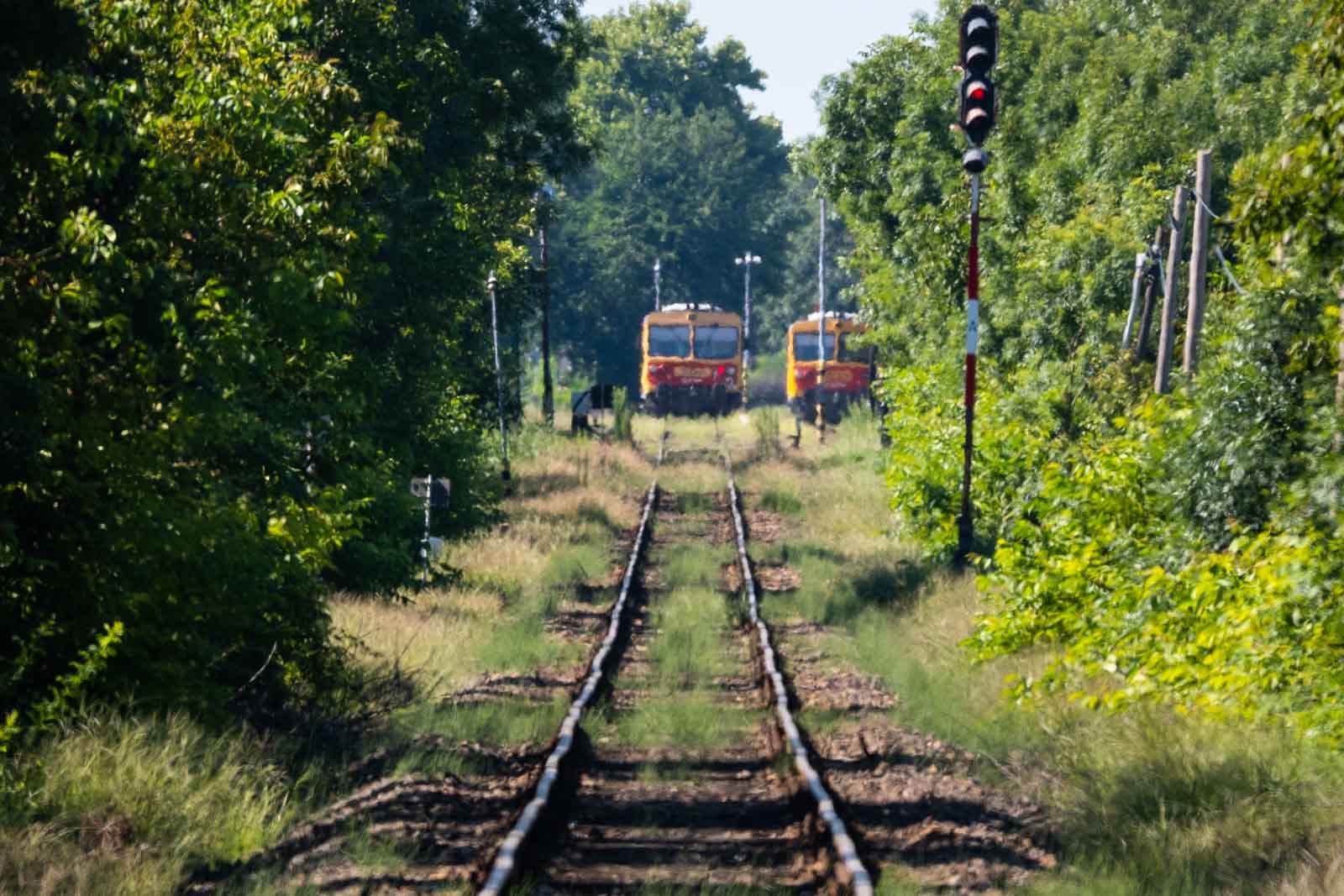 Két BZMOT motorvonat áll 2020. augusztus 2-án a szarvasi vasútállomáson (Fotó: Babák Zoltán)