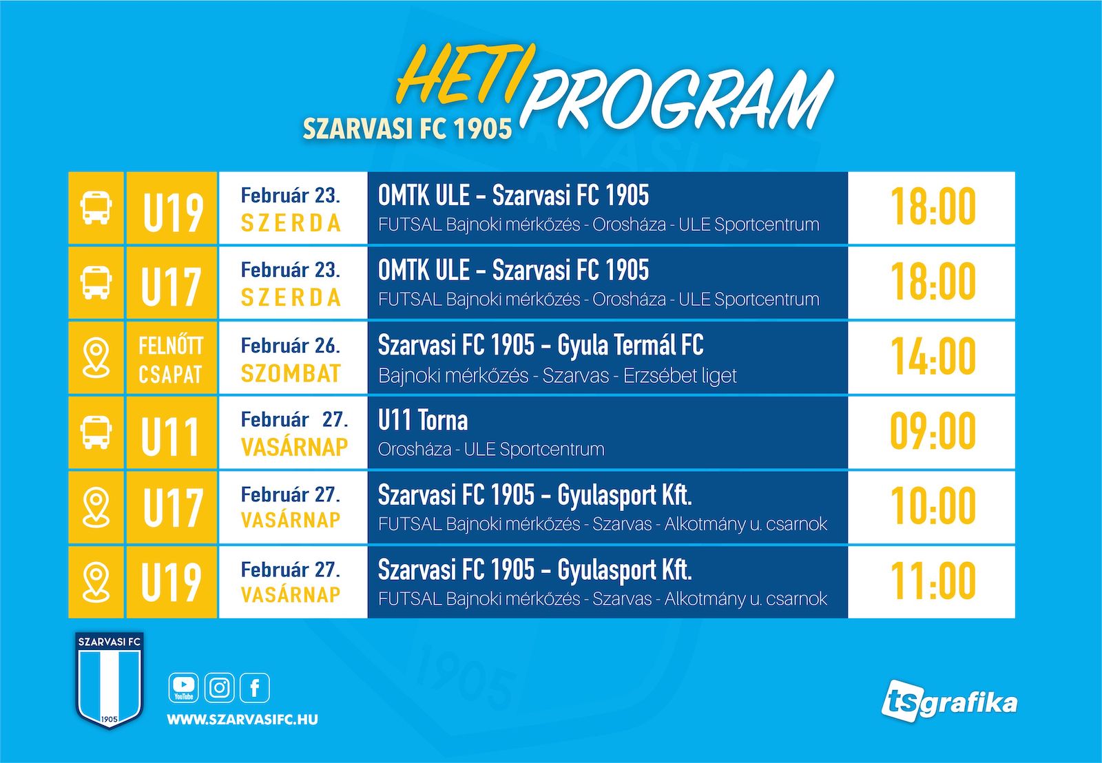 A Szarvasi FC 1905 minden korosztályos csapatának heti programja