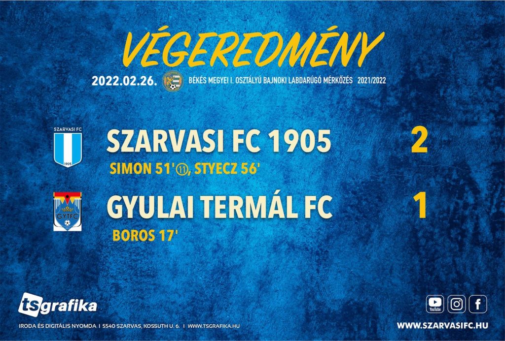 A Szarvasi FC 1905 - Gyulai Termál FC mérkőzés végeredménye