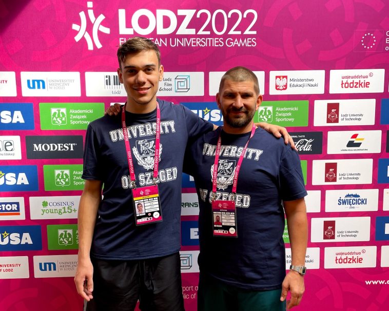 Tálas Bendegúz és edzője, Ruzsinszki György az egyetemi Eb-n