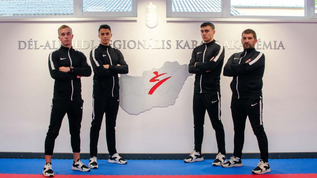 A karateakadémia utánpótlásedzői: Nagy Máté (1. dan), Borzi Balázs (2. dan, középfokú edző), Tálas Bendegúz (1. dan, középfokú edző) és Ruzsinszki György (5. dan, nemzetközi edző)