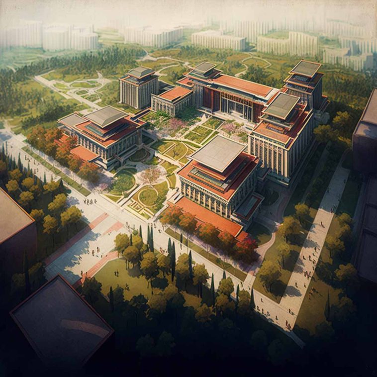 A Fudan látványterve by Midjourney AI (Prompt: University campus on 43 hectars for 10000 students. The campus area is square. On one side is a road, the opposite side is a 50 meters wide river. The buildings are built in modern Chinese style. Bird's view.)