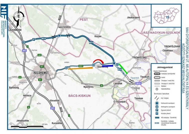 Az M44-es és a hozzá kapcsolódó útfejlesztések (alaptérkép: magyarepitok.hu)
