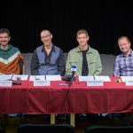 A Sóska, sültkrumpli darab rendezője, Gulyás Hermann Sándor, és a szereplők, Timkó János, Boronyák Gergely és Ragány Misa.