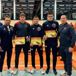 Sükösd Attila, a Szarvasi Birkózó Egyesület elnöke, Kopasz Vendel (Vasas), Tóth Patrik, Szpisjak Bence és Völler Ákos, a Vasas birkózószakosztályának edzője.