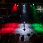 A Szent Mihály-napi tűzgyújtás kultúrprogramjában fellépő Csonka Dóra mögött a Napkorongos Csodaszarvas látható.