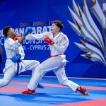 Ruzsinszki Balázs (piros) küzdelme a karate Európa-bajnokságon.